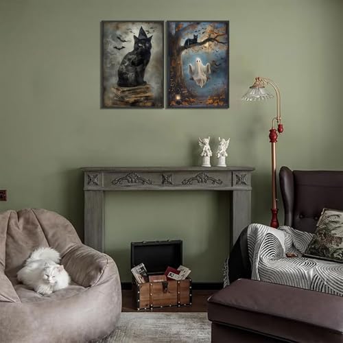 Halloween Wall Art Black Cat Ghost Poster 16x24in Unframed - Dark Academia Decor (Variation of Poster / 24L"x16W")
