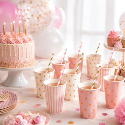 Pink and Gold Biodegradable Striped Paper Drinking Straws - 100 Pack for Parties