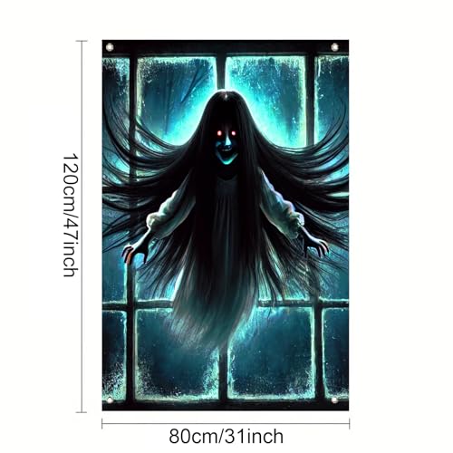Halloween Floating Ghost Window Cover - 31x47 Inch Polyester, Ghost Girl Variation