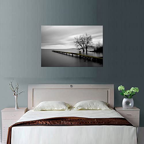 Lake Trees Canvas Wall Art - 36x24 Inch Modern Minimalist Landscape Painting for Living Room Bedroom Office Decor Variation of Lake Trees