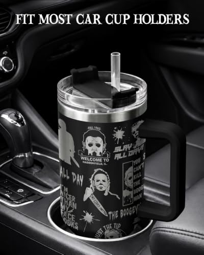 CreepyBlack 40 oz Insulated Tumbler with Handle - Halloween Horror Gift