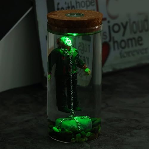 Horror Movie Ornament with Green LED Light - Jason in Glass Container - Unique Halloween Decor