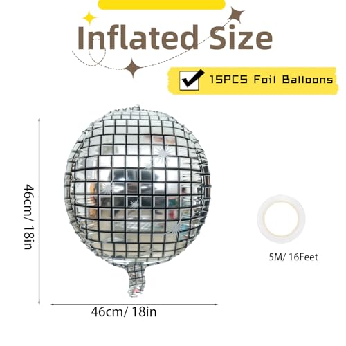 Disco Ball Balloons Set - 15pcs 18-Inch Silver Foil Inflatable Party Decorations - 70s 80s 90s Theme, Bachelorette, Y2K