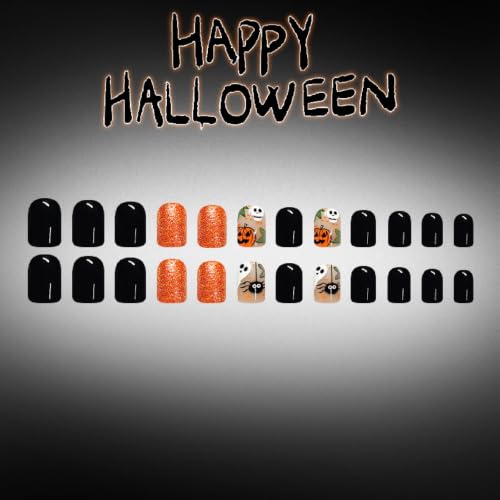 Halloween Press On Nails Short Square Gel Polish Set - Orange Black Skeleton Ghost Spider Glitter 24 pcs - Variation 3