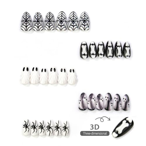 Gothic Halloween Press On Nails Short Almond Spider Ghost Set - Variation 31