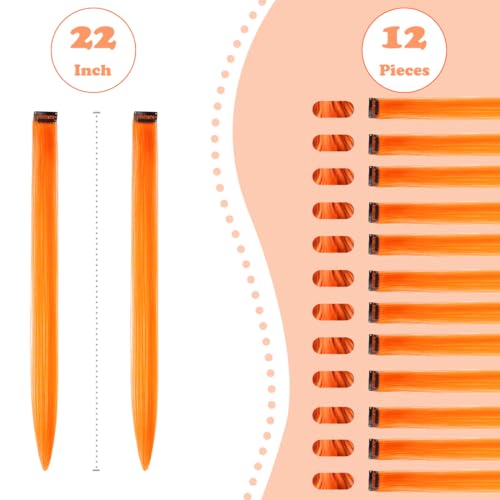 22 Inch Clip-In Hair Extensions - 12 Pieces Orange Synthetic Straight Hair Accessory