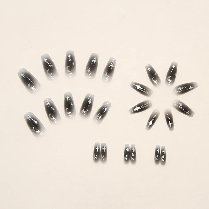 Star Moon French Tip Press On Nails - Medium Length Glossy Gradient Fake Nails for Women & Girls - 24pcs