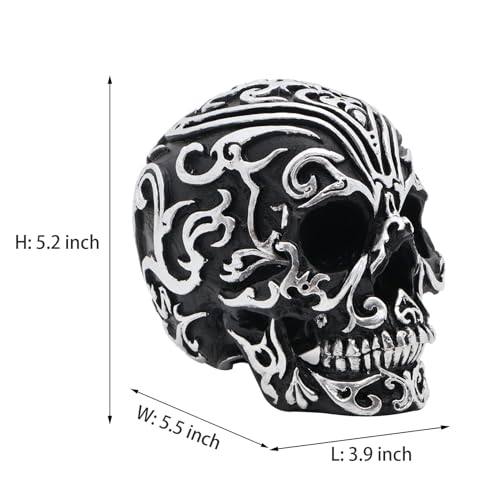 Gothic Skull Decor - 5.2 Inch Halloween Skeleton Head with Silver Patterns for Home & Office