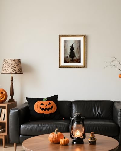 Halloween Witch Canvas Wall Art - Foggy Forest Scene, 16x13 Inches - Framed Print - Dark Gothic Home Decor - Variation of Witch in Foggy