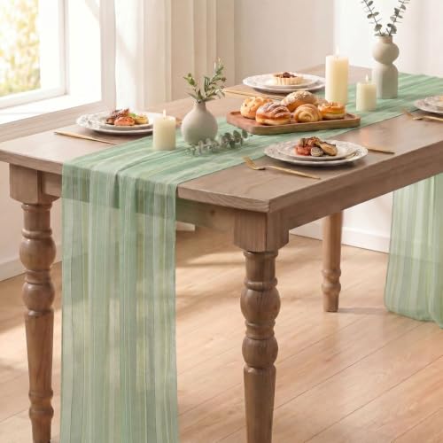 Green Stripe Chiffon Table Runner 28x120 Inch Spring Kitchen Dining Decor