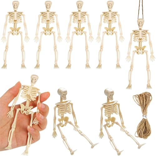 Mini Skeleton Figurines Set - 8 Plastic Halloween Decorations with Jute Rope