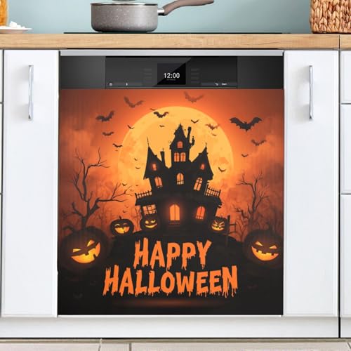 Halloween Haunted House Pumpkins Orange Dishwasher Magnet Cover - Festive Kitchen Decor