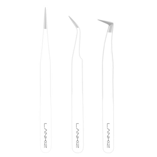 Lash Tweezers for Eyelash Extensions, Lankiz Eyelash Tweezers for Lash Extensions Stainless Steel Straight and Curved Volume Lash Tweezers Set Kit (3PCS-White)