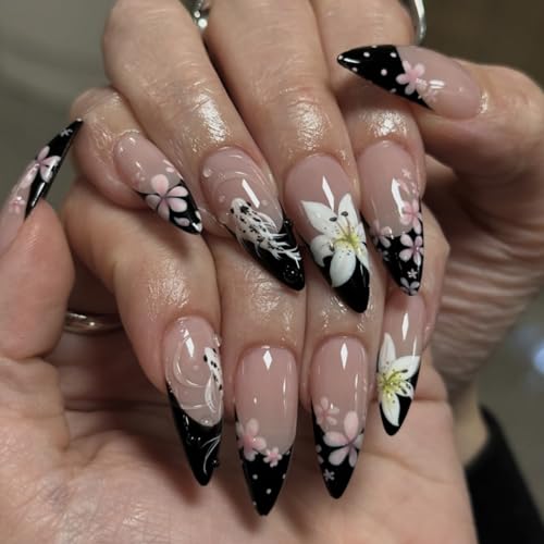 French Black Tip Almond Press-On Nails Long White Lilies - Variation L20