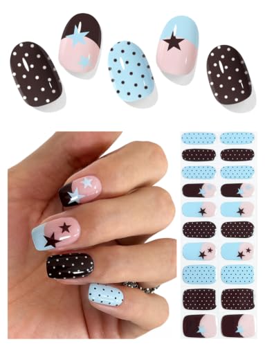 Semi Cured Gel Nail Strips with Polka Dot Stars - 20 Pc Nail Wraps & Stickers