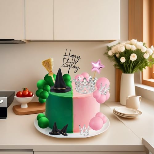 Witch Cake Topper Set with Hats Crowns Brooms & Ball Decorations for Halloween & Birthday Parties