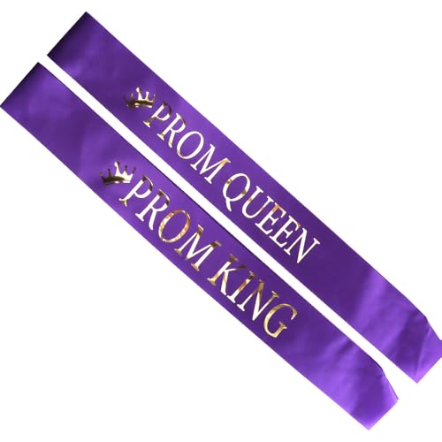 Purple Base Gold Words Prom Queen King Sash Decoration - 2 Pack