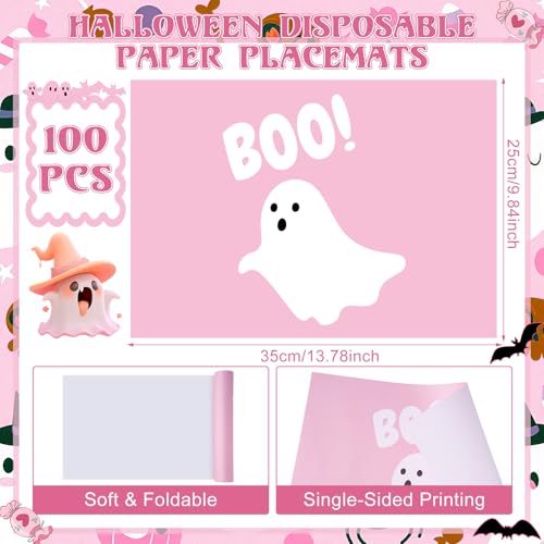 Halloween Ghost Boo Paper Placemats Pink Ghost - 100 Pack Table Decor