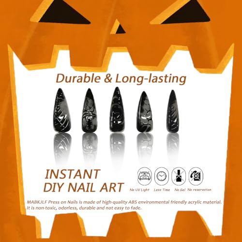Halloween Black Press On Nails Long Stiletto A59 - Gothic Swirl Abstract Fake Nails Set