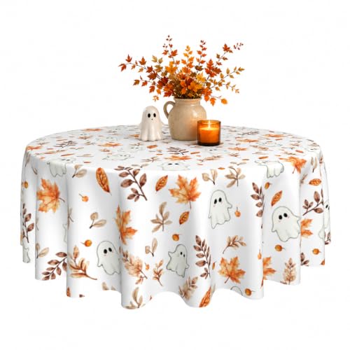 Fall Round Tablecloth 60 Inch Maple Leaves Ghost Autumn Table Cover Brown