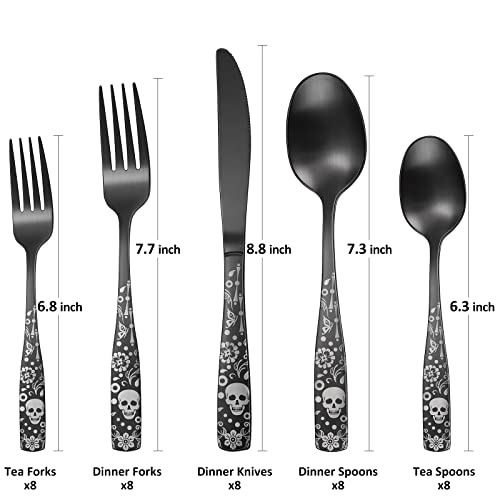 40-Piece Gothic Black Flatware Set for 8 with Skull & Skeleton Pattern - Matte Silverware
