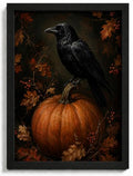 Framed Gothic Raven on Pumpkin Wall Art - Halloween Autumn Decor, 16x12 Inches