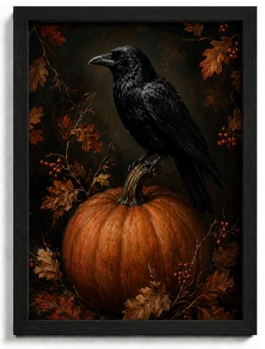 Framed Gothic Raven on Pumpkin Wall Art - Halloween Autumn Decor, 16x12 Inches