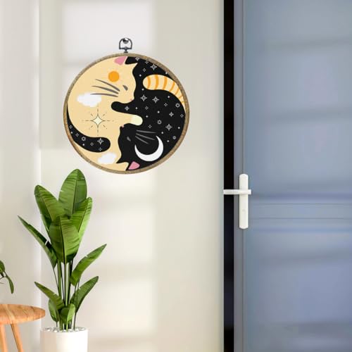 Black Cat Sun and Moon Round Wall Decor - 10.2x10.2 Inch Framed Canvas Art for Home & Office