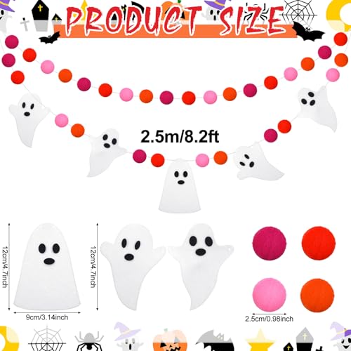 Halloween Felt Ghost Garland - 8.2ft Felt Ball Banners for Party Decoration, Variation of Ghost & Red Pink