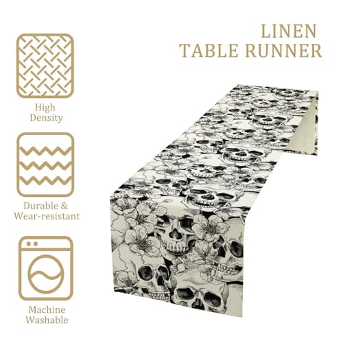 Gothic Table Runner White Skull Flowers Rose Pattern - 13x36in - Farmhouse & Wedding Decor