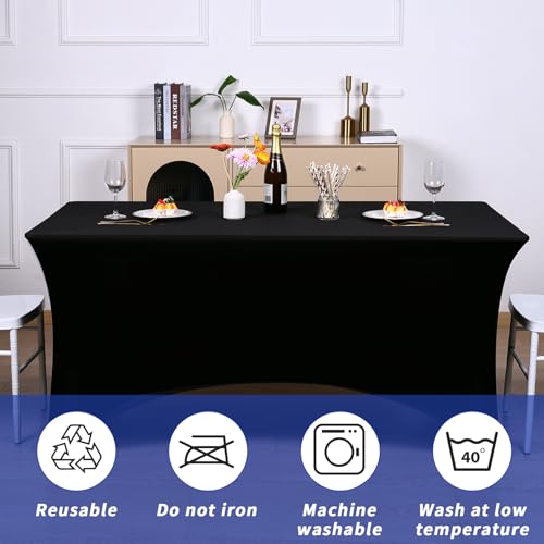 Black 6Ft Spandex Fitted Tablecloth Set - 12 Pack for Rectangle Tables - Washable & Wrinkle-Resistant
