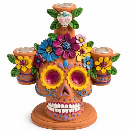 Day of The Dead Taper Candle Holder - Ofrenda Decorations for Altar - Orange