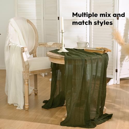 120-Inch 6-Piece Boho Cheesecloth Gauze Table Runner Set - Olive Green Wedding & Holiday Decor