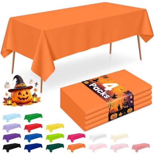 Orange Disposable Plastic Tablecloth for 6ft Tables - 54 x 108 Inches, 4 Pack