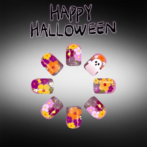 Halloween Press On Nails Short Square Purple with Spider Web Ghost & Flower Design - 24Pcs - Variation of THIS listing