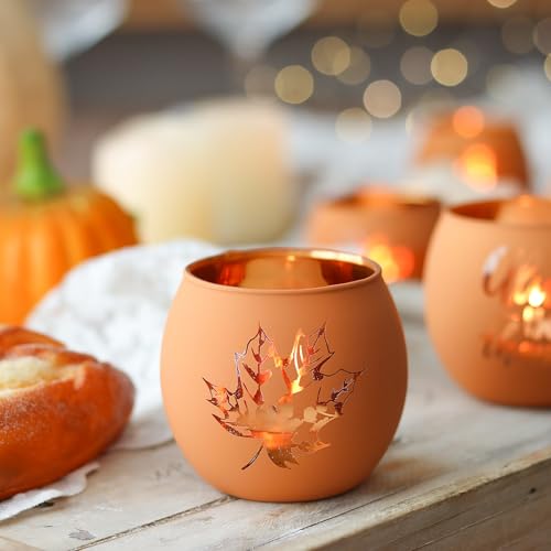 Fall / 6 Pumpkin Glass Votive Candle Holders for Thanksgiving & Fall Decor