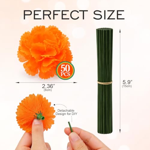 Artificial Marigold Flower Heads 50pcs Silk Flowers with Stems for Decorations
