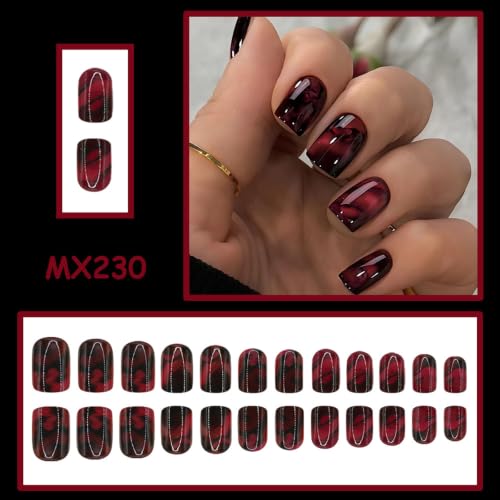Halloween Short Square Press On Nails - 24Pcs Red Fake Nails with 12 Sizes - Style A007