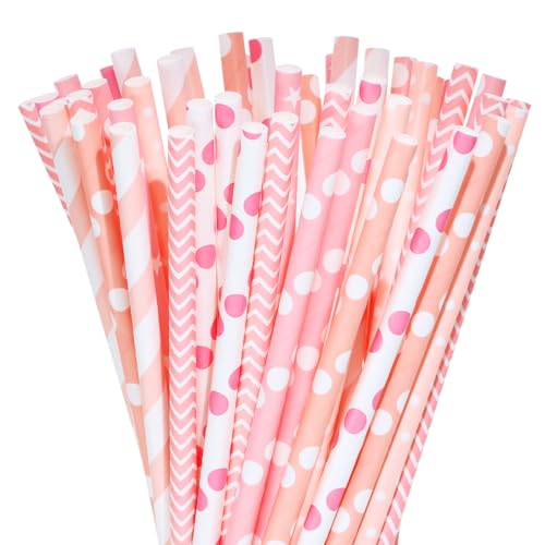 Assorted Paper Drinking Straws 50Pcs for Parties & Events - Mixed Pink - Eco-Friendly, Thick & Sturdy