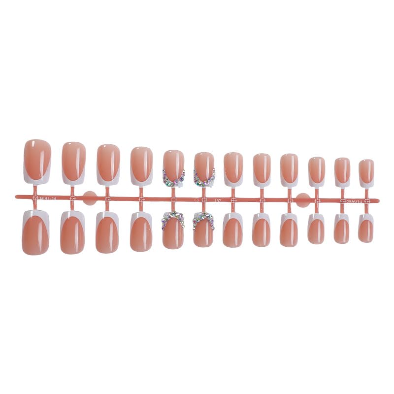 Square Press On Nails Short Fake Nails with Rhinestones French Tip Style 8