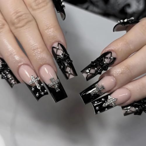 MISUD Long Square Press On Nails with Goth Black Cross Bow Design - 24 pcs - Variation 05917-01Black
