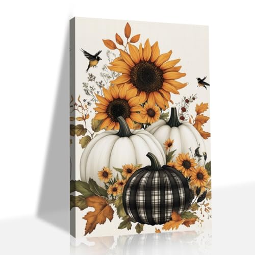 Fall Pumpkin Wall Art with Flowers - 18x12 Inches Farmhouse Canvas Print - Black Frame