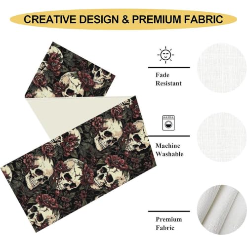 Gothic Table Runner 13x36 Inch Retro Rustic Black Rose Skull Halloween Decor - Variation Gothic-6