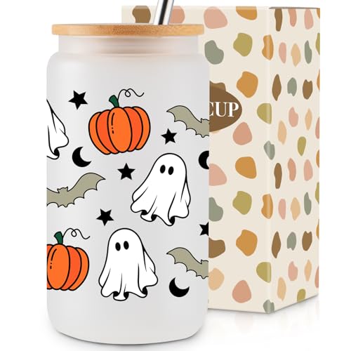 Halloween Pumpkin Ghost 16Oz Iced Coffee Glass Cups with Lids & Straws - Fall Spooky Gift Set
