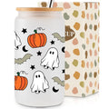 Halloween Pumpkin Ghost 16Oz Iced Coffee Glass Cups with Lids & Straws - Fall Spooky Gift Set
