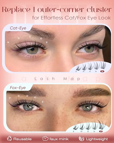 F.Natural Fox Eye Lash Clusters Wispy Natural Cat Eye Lashes with Invisible Band - Left & Right Spikes