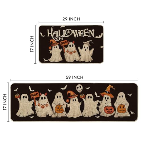 Ghost Bat Halloween Kitchen Mats Set of 2 - Black, 17x29 & 17x59 Inches