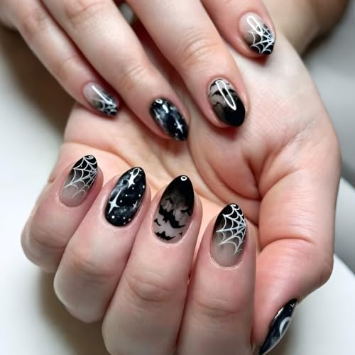 Halloween Press On Nails Medium Almond Fake Nails Black Gradient - Easy to Apply, Spooky Nail Art