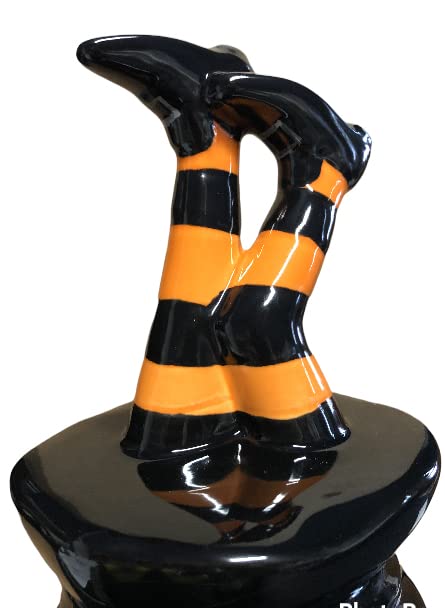 Halloween Canister with Witch & Leg Topper - Black Ceramic 10" Limited Edition
