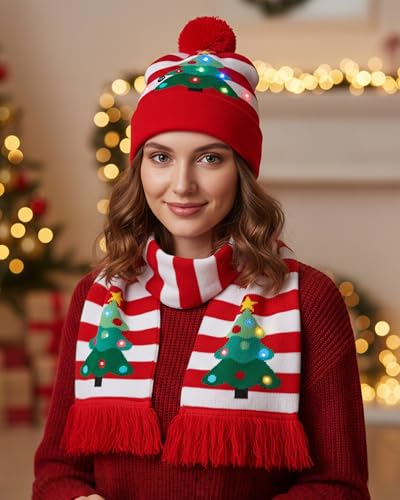Xmas Tree Pattern Christmas Hat with Scarf Set - Santa Beanie & Knit Accessory for Holiday Party